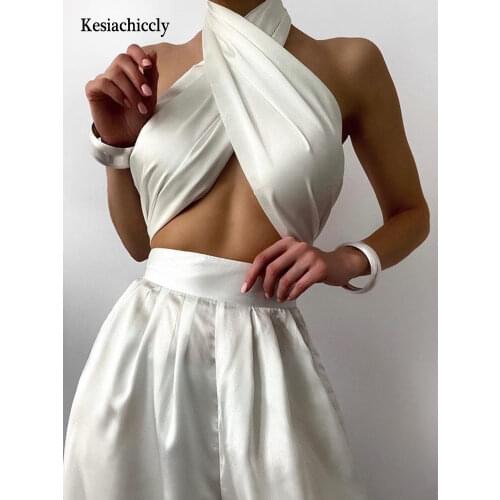 Kesiachiccly Women Cross Over Front Cut Out Halter Sleeveless Backless Wrap Crop Top Bandage Vest Summer Sexy Tops Woman Clothes