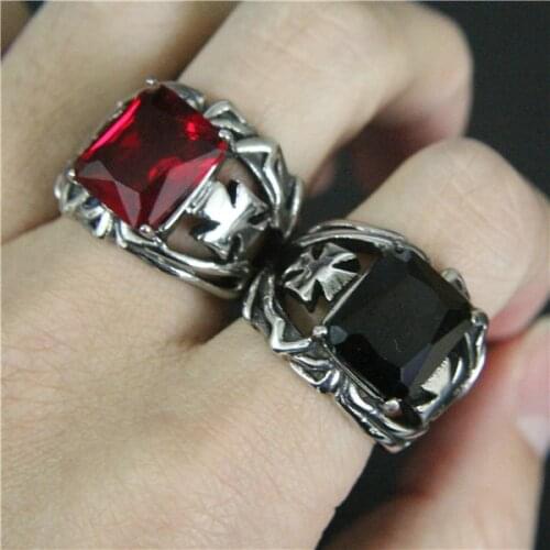 Band Party Hot Cross Stone Ring 316L Stainless Steel Fashion Biker Mens Ring Cool Red Stone Ring