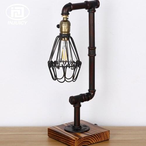 Loft Vintage Industrial Birdcage Water Pipe / Wood Table Light E27 Edison Bulb Desk Lamp Cafe Bar Bedroom Bedside Deco Lighting
