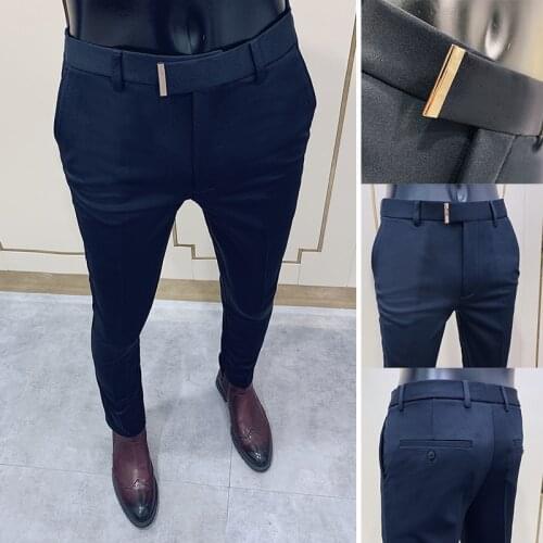 2021 Mens Business Suit Pant Male Pants Ankle Length Casual Slim Formal Trousers Elastic Pencil Pants Office Work Men Clothes