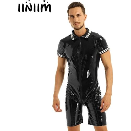 Mens Gay Bodysuit Sexy Underwear Wetlook Patent Leather Front Zipper Jockstraps Boxer Shorts Leotard Clubwear Bodystocking