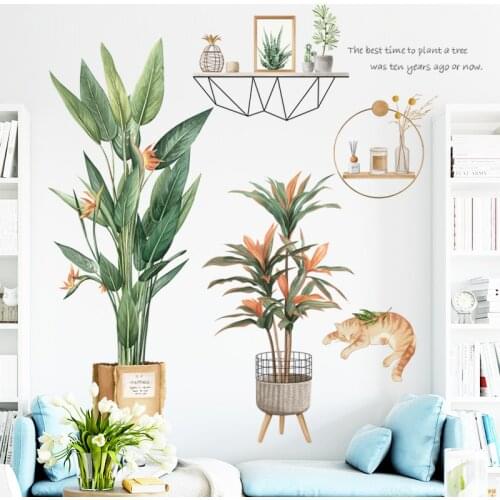 Nordic style Green Leaf Pot Wall Stickers Living room Bedroom Kids rooms Wall Decor Cute Cat Wall Decals Vinyl PVC Home Decor