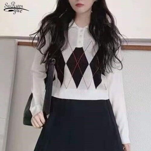 2021 Autumn Stitch Button Sweater Korean Rhombus V-neck Long-sleeve Loose Short T-shirt Tops Casual Contrast Slim Sweater 17183