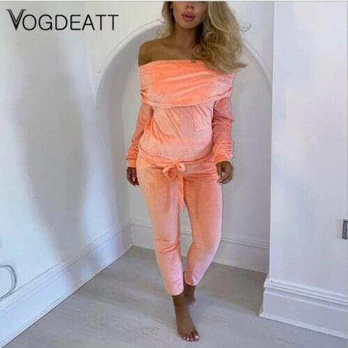 Casual Two Piece Set Off Shoulder Solid Top And Long Pants Tie Bow long Sleeves Tracksuit Women Fashion Pockets Outfit