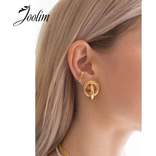 Joolim High Quality PVD Gold Finish Cross Circle Stainless Steel Hoop Earring Tarnish Free Gold Jewelry