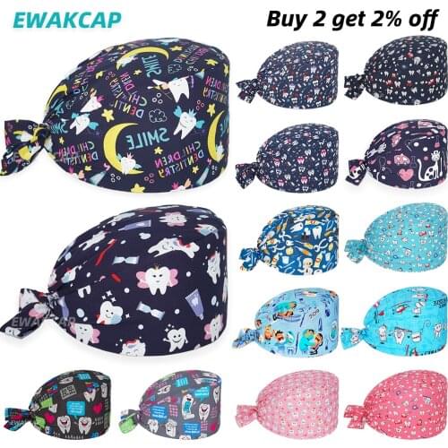 New Scrubs Cap Adjustable Cotton Working Teeth Print Bouffant Nursing Hat Women Men Nurse Worker Novel Surgicals Hats