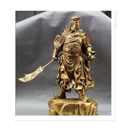 18" Folk Hero Chinese Brass Dragon Sword Warrior Standing GuanGong GuanYu Statue Brass decoration bronze factory outlets