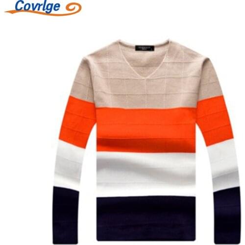 Covrlge Sweater Mens New Autumn Fashion Youth V-neck Color Matching Stripes Core Spun Yarn Casual Long-sleeved Sweater MZM101