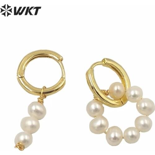 WT-MPE052 WKT high quality hand make round clasp gold electroplated pearl earrings gorgeous freshwater pearl beads clasp earings