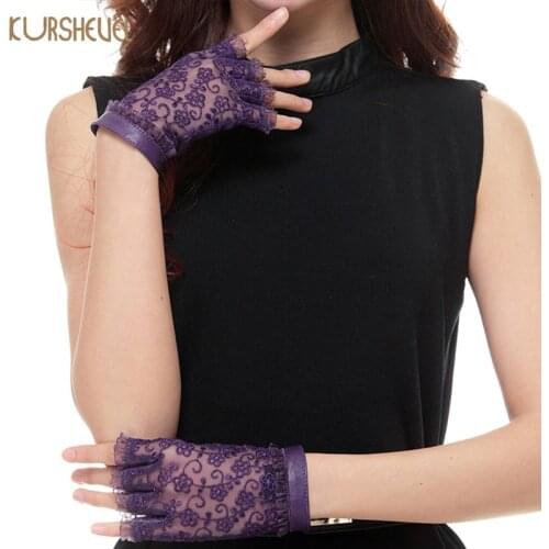 Women Elegant Palm Genuine Leather Back Lace Gloves Half Finger Driving Gloves Fingerless Goatskin Leather Gloves Dancing AGD513