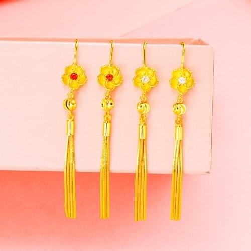 2021 New fashion 24K gold color shiny flower shape Women Drop Earrings vintage sweet Long tassels wedding Earring Jewelry