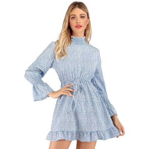 Spring Fall Ruffles Slim High Waist Summer Dress Turtleneck Mini Party Dresses for Women Casual Floral Print Dress TJR368