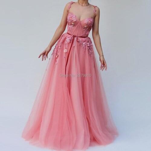 Pink Sweetheart A-Line Evening Dress Sleeveless Tulle Floor-Length Applique Beaded Formal Prom Party Dress Women Dress Dubai