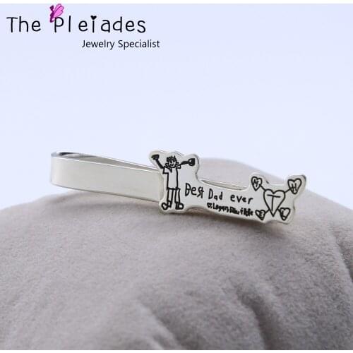 925 Solid Silver Tie Clip Personalized with Kids Drawing Engraved Handwriting Men Tack Memorial Gift