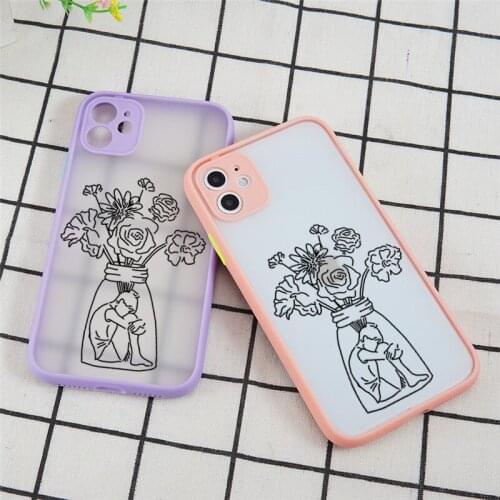 INS Style Art Sketch Boy Flower Phone Cases for iPhone 12 Mini 11 Pro X XS XR Max 7 8 6 6S Plus SE 2020 Skin Feel Back Cover