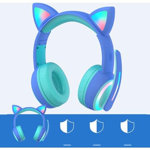 Kid LED Fashion Cute Cat Ear Headphones On-Ear Headsets with Mic Foldable Wired Cat Ear Headphones Stereo Gaming Headset