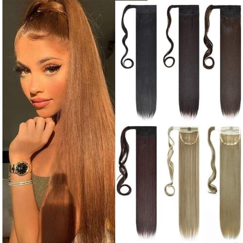 Kong&Li 22inch Long straight Real Natural Ponytail Clip in Pony tail Hair Extensions Wrap Around on Synthetic Hair Piece