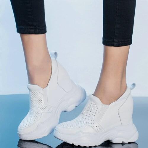Breathable Fashion Sneakers Women Genuine Leather Wedges High Heel Ankle Boots Female Round Toe Platform Oxfords Casual Shoes