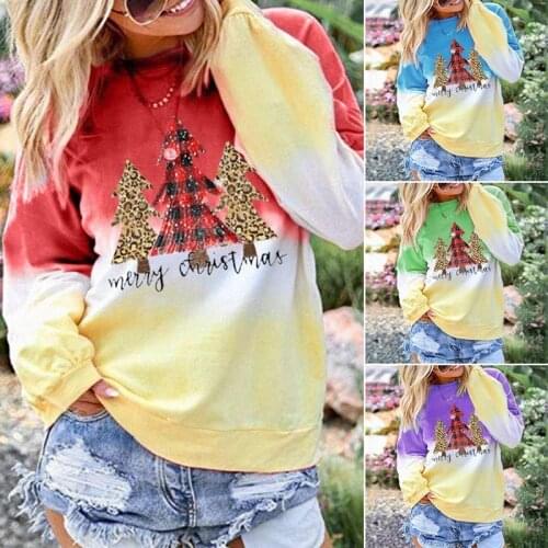 European and American womens Christmas tree pattern rainbow gradient color printing loose casual long-sleeved pullover sweater