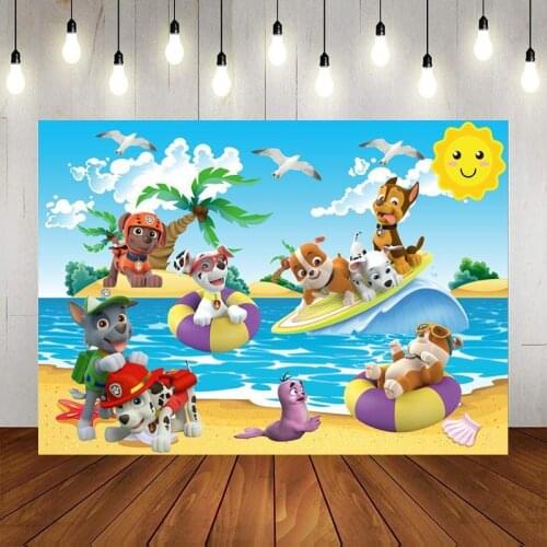 Cartoon Surf Dog Swimming Holiday Background Photography Ryder Family Boy Birthday Party Photo Studio Backdrop Table Decoration
