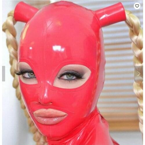 Red mask 100%Latex Hood Mask Blue Eyes Rubber Hood with Zip on Back for Party