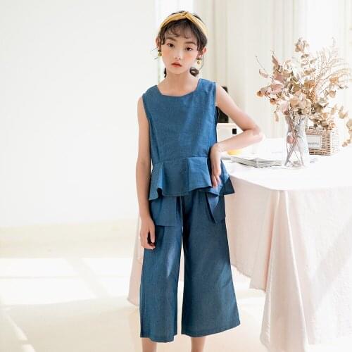 Summer New Teenage Girls Denim Sets Fashion Ruffled Sleeveless Top + Wide Leg Cropped 2-piece 2020 Baby Girls Vest Set