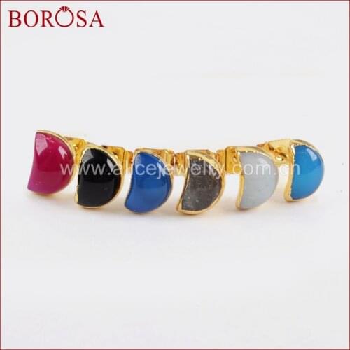 BOROSA Fashion Moon Shape Multi-kind Stone Faceted Stud Earrings,1pair Gold Color Crescent Druzy Stone Earrings for Women G1297