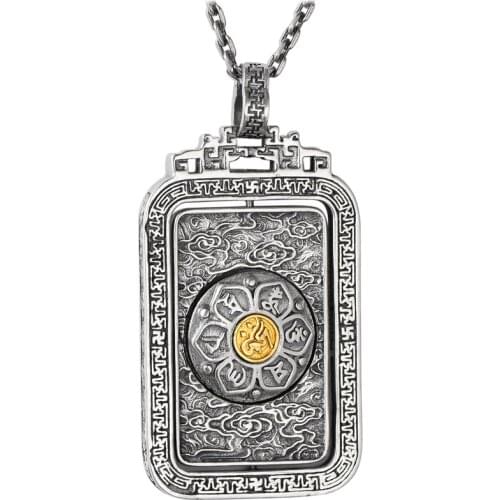 S925 Sterling Silver colour Talisman Pendant Rotatable Mens Thai Silver colour Mantra Buddhism Six Words Engraved Stamping Tags