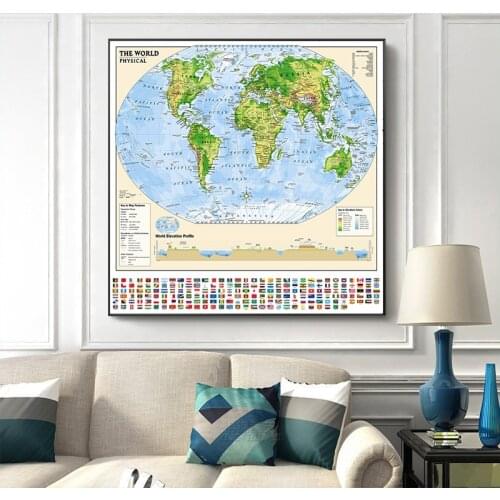 90*90cm The World Map Non-woven with Natioonal Flags Vintage Wall Art Poster Children Education Supplies Home Decoration