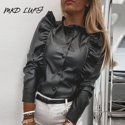 Ruffles Trim Button Design Shirt Workwear Women Long Sleeve Casual Elegant Blouse Shirt Tops