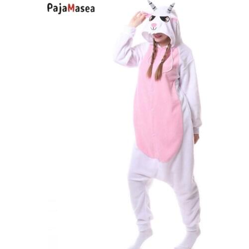 PAJAMASEA White Goat Onesie Animal Men Adults Cartoon Fleece Winter Button Jumpsuit Cosplay Homewear Costume Raccon Kigurumi