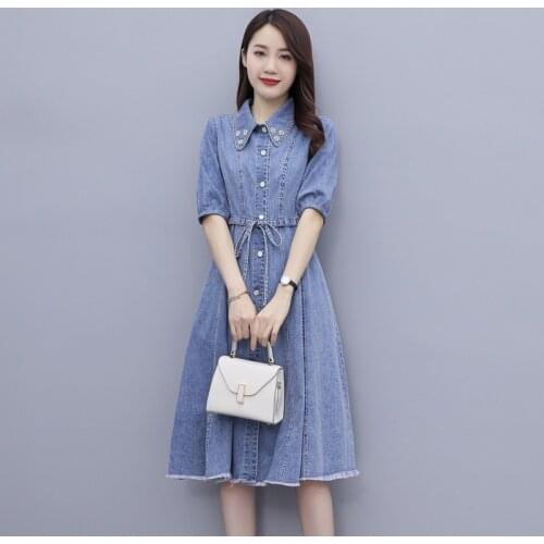 Summer Women Jeans Dress Casual Turn-Down Collar Beading Single Button Collect Waist Draw String Slim For Female Denim One-Piece