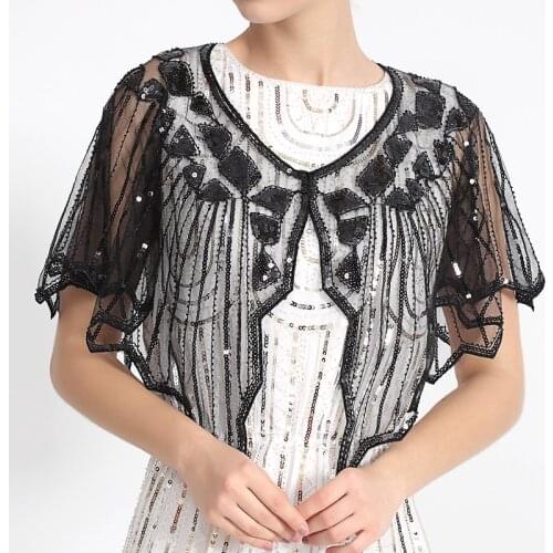 Retro Geometric Sequin Shrug Vintage 1920s Shawl Wraps Flapper Cover Up Women Mesh Scarf for Wedding Party Evening Gown Shrug