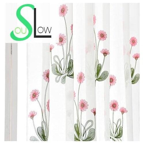 Slow Soul Red Sunflower Cartoon Flower Embroidered Cotton Pastoral Floral Curtains Tulle For Living Room Kitchen Bedroom Sheer