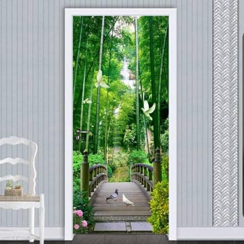 Waterproof Self-adhesive Door Sticker Bamboo Forest Wooden Bridge Pigeon 3D Photo Wallpaper For Living Room Bedroom Door Mural