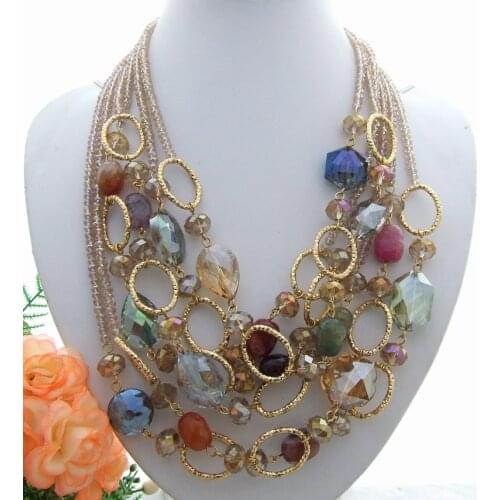 Y·YING 6Strds Agates& multi shape Crystal statement Necklace