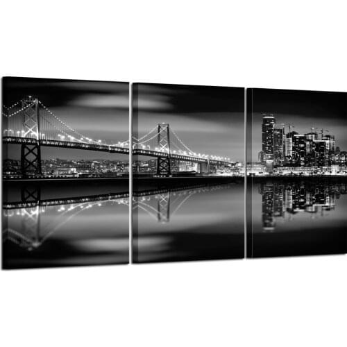 San Francisco Bay at Night in Black and White Bridge 3 Panels Modern Landscape Artwork Canvas Prints Cityscape Drop shipping