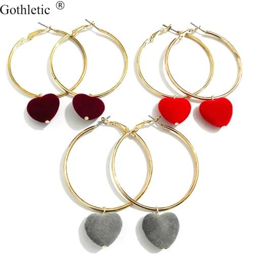 Gothletic Velvet Heart Charm Pendant Hoop Earring 45MM Gold Color Round Circle Earrings for Women Fashion Jewelry