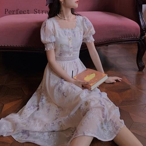 High Quality 2021 Summer New Arrival French Princess Style Square Collar Floral Embroidery Puff Sleeve Women Chiffon Long Dres