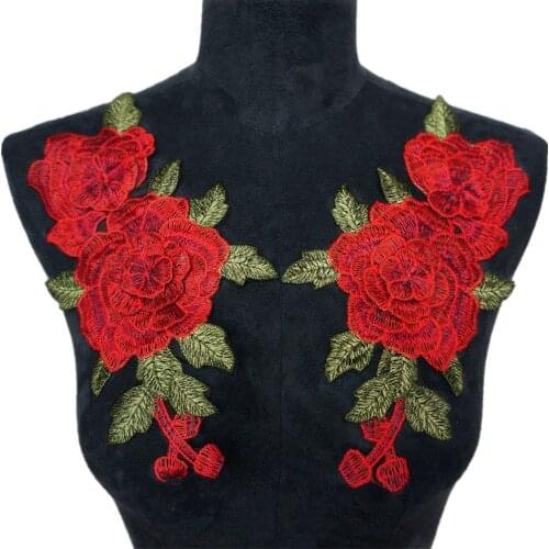2PCS Red 3D Flowers Leaves Embroidered Fabric Appliques Mesh Trimmings Sew On Patches For Wedding Bride Dress DIY Decoration