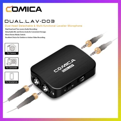 Comica CVM-D03 Mono/Stereo Dual-Head Lavalier Microphone kit for iPhone / Android Smartphone, Gopro Camera,(3.5 mm port)