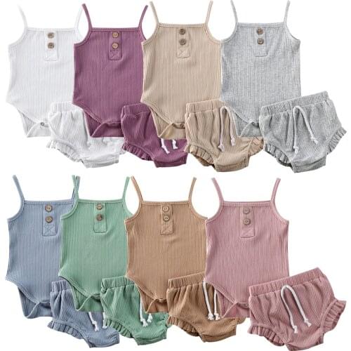 2020 Baby Boys Girls Summer Clothes Pure Color Knitted Button Rompers Tops Shorts Pants 2PCS Toddler Infant Baby Clothing Outfit