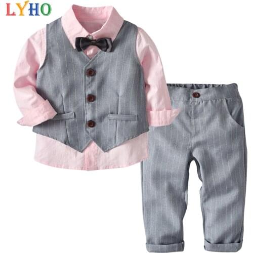 Childrens Spring and Autumn Suit 4Pcs Long-sleeved Cotton Shirt Vest Trousers Gentleman Bow Tie British Fashion Party Dress2021