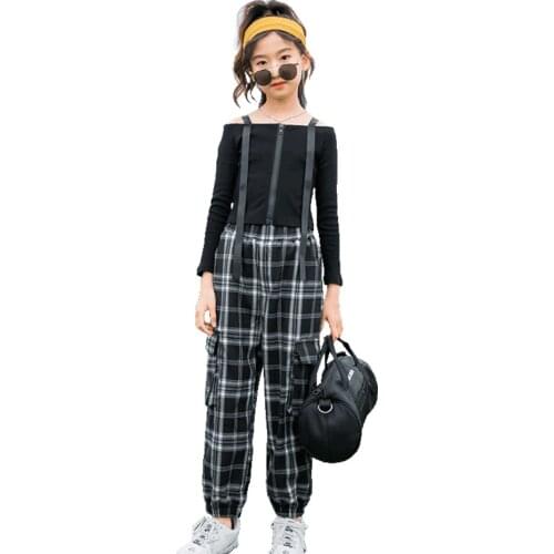 Kids Clothes Plaid Pattern Girls Outfits Tshirt + Jumpsuit Girls Sets Casual Style Childrens Clothing 6 8 10 12 14