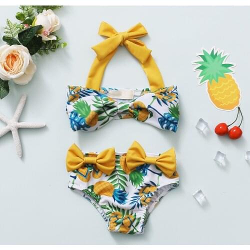 Two-Piece Baby Kids Girls Swimsuit Summer Bathing Suits Lovely Pineapple Print Tie Up Halter Bikini Sets Beach Bowknot Beachwear