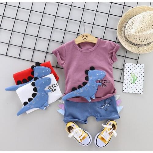 Boys' Summer Cotton Short Sleeve Suit&New Summer Kids' Clothes Baby Cute Cartoon Pattern T-shirt+Shorts 2-Piece Set Age 5M-4Y