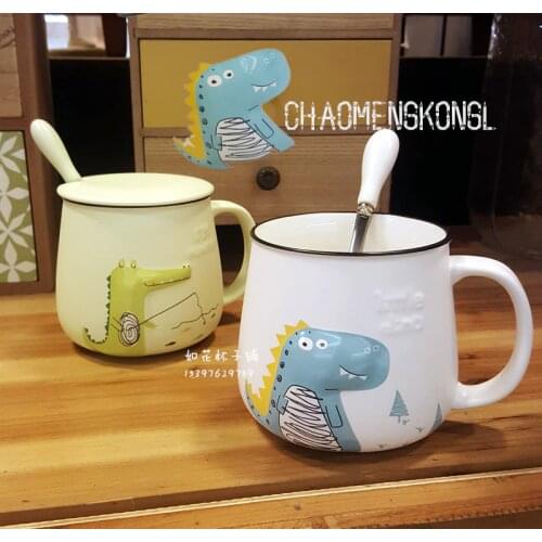 Cute 3D Cartoon Dinosaur Crocodile Porcelain Coffee Cup With Spoon Lid Creative Relief Ceramic Mug For Water Free Shipping