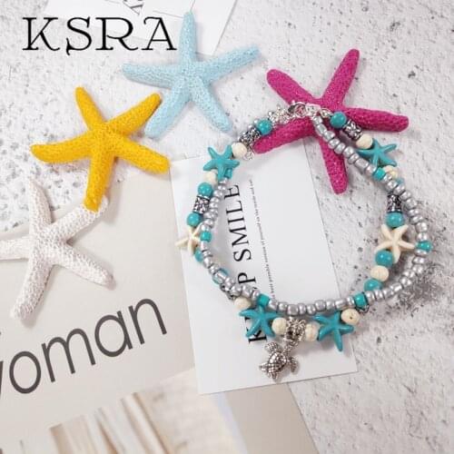 KSRA Bohemia Multiple Layers Starfish Sea Turtle Beads Anklets For Women Tortoise Boho Shell Chain Anklet Bracelet Beach Jewelry