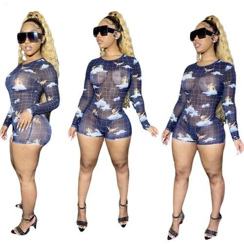 Fashion Grid Print Mesh See-Through Long Sleeve Bodycon Jumpsuit Women Playsuits 2021 Fashion Club Outfits for Women Summer
