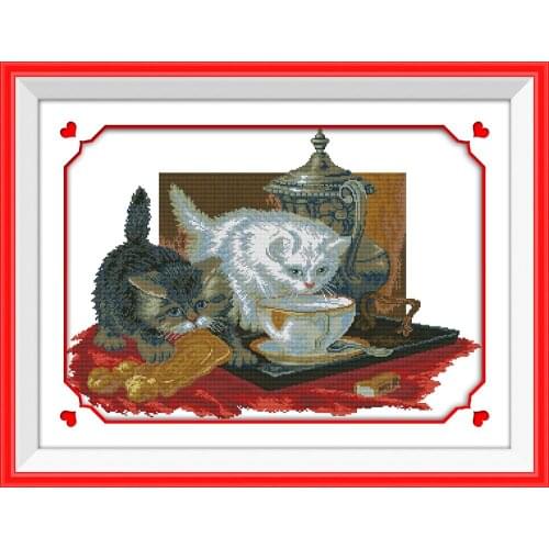 The two tea drinking cats cross stitch kit 14ct 11ct patterns count print canvas stitching embroidery DIY handmade needlework